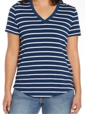 GAP Navy Blue & White Striped V-Neck Tee